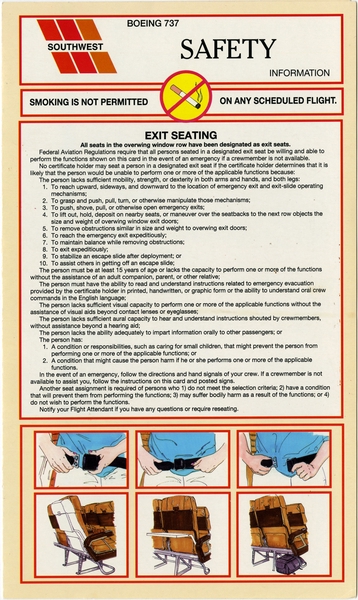 Image: safety information card: Southwest Airlines, Boeing 737