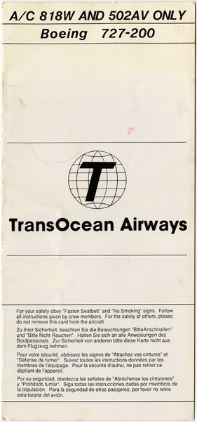 Image: safety information card: TransOcean Airways, Boeing 727-200