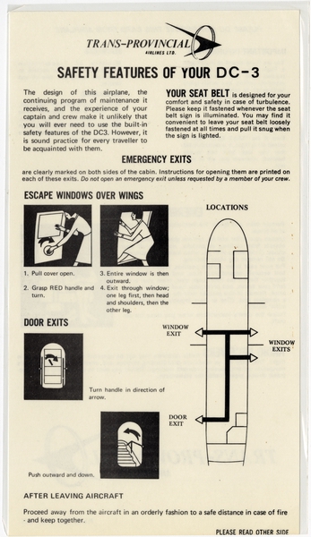 Image: safety information card: Trans-Provincial Airlines, Douglas DC-3