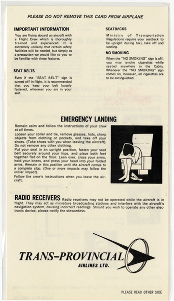 Image: safety information card: Trans-Provincial Airlines, Douglas DC-3