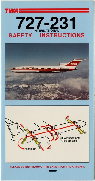 Image: safety information card: TWA (Trans World Airlines), Boeing 727-231