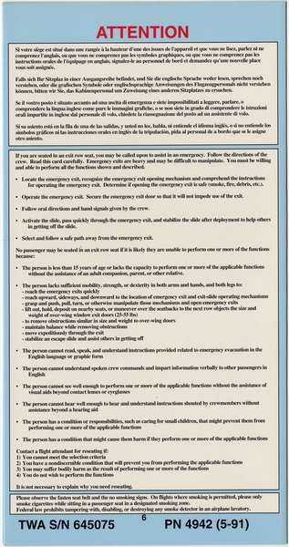 Image: safety information card: TWA (Trans World Airlines), Boeing 727-231