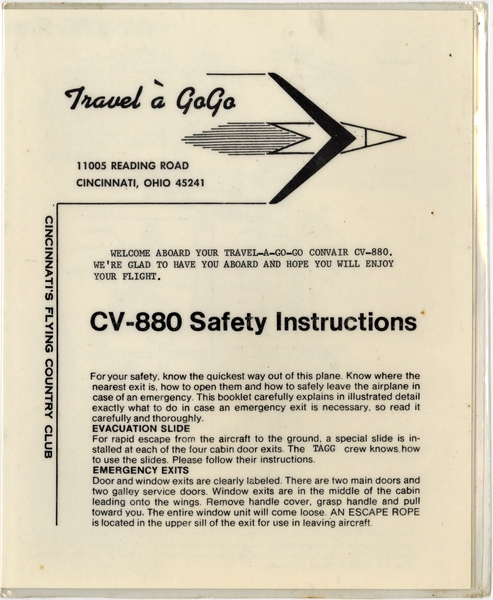 Image: safety information card: Travel a GoGo, Convair 880