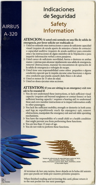 Image: safety information card: TACA International Airlines, Airbus A320