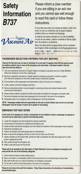 Image: safety information card: Viscount Air, Boeing 737