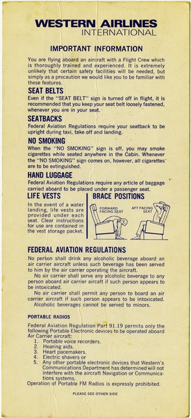 Image: safety information card: Western Airlines International, Boeing 720B