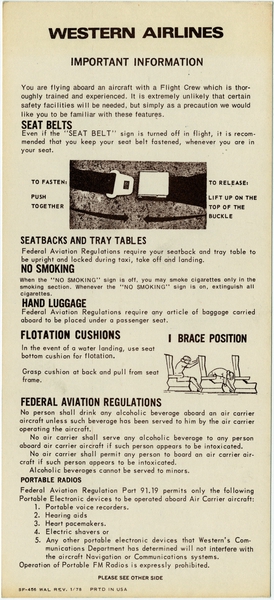 Image: safety information card: Western Airlines, Boeing 737