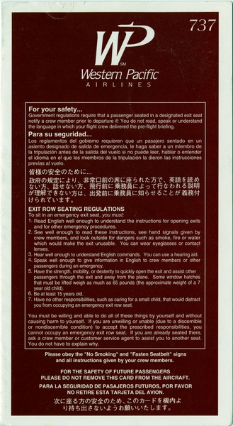 Image: safety information card: Western Pacific Airlines, Boeing 737