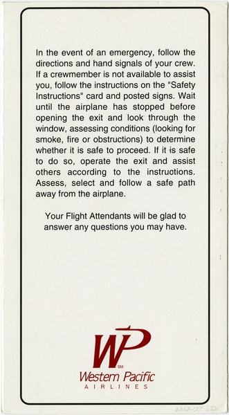 Image: safety information card: Western Pacific Airlines, Boeing 737
