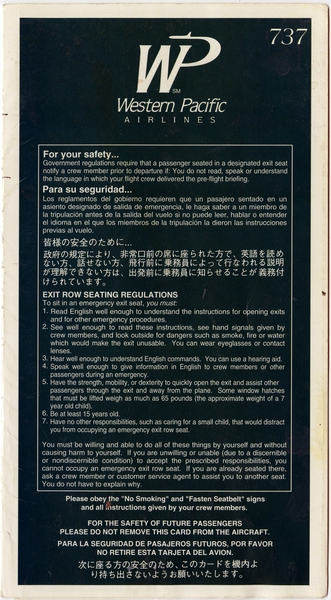 Image: safety information card: Western Pacific Airlines, Boeing 737