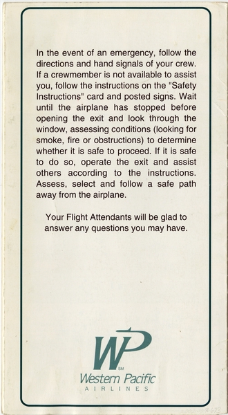 Image: safety information card: Western Pacific Airlines, Boeing 737