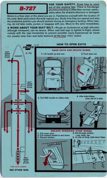 Image: safety information card: United Air Lines, Boeing 727