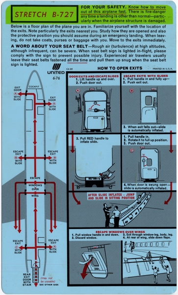 Image: safety information card: United Airlines, Stretch Boeing 727