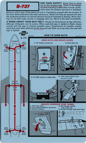 Image: safety information card: United Air Lines, Boeing 737