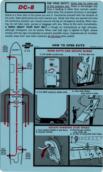 Image: safety information card: United Air Lines, Douglas DC-8