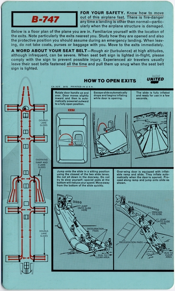 Image: safety information card: United Air Lines, Boeing 747