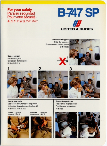 Image: safety information card: United Airlines, Boeing 747SP