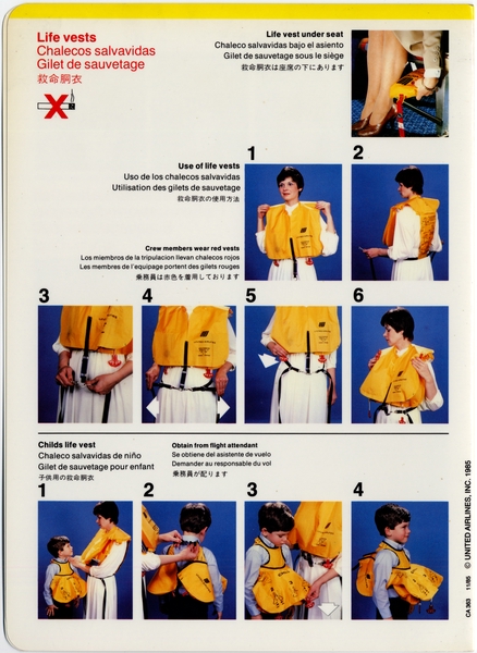 Image: safety information card: United Airlines, Boeing 747SP
