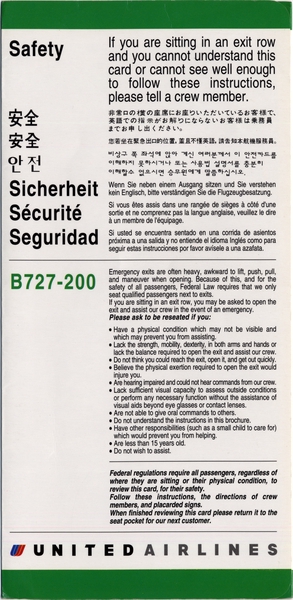 Image: safety information card: United Airlines, Boeing 727-200