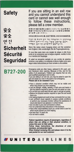 Image: safety information card: United Airlines, Boeing 727-200