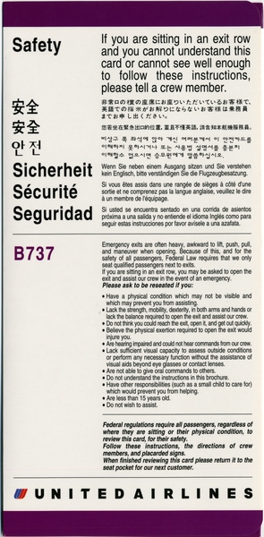 Image: safety information card: United Airlines, Boeing 737
