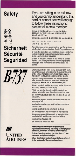 Image: safety information card: United Airlines, Boeing 737