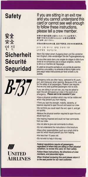 Image: safety information card: United Airlines, Boeing 737