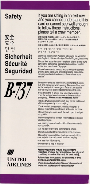 Image: safety information card: United Airlines, Boeing 737