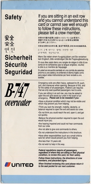 Image: safety information card: United Airlines, Boeing 747