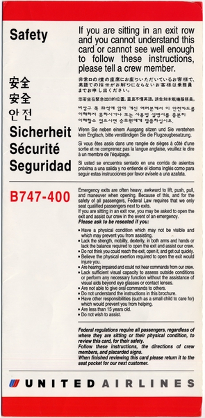 Image: safety information card: United Airlines, Boeing 747-400