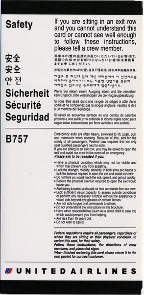 Image: safety information card: United Airlines, Boeing 757