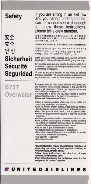 Image: safety information card: United Airlines, Boeing 757