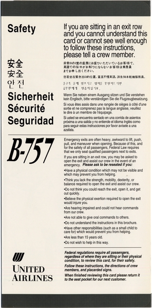 Image: safety information card: United Airlines, Boeing 757
