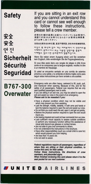 Image: safety information card: United Airlines, Boeing 757