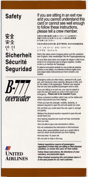 Image: safety information card: United Airlines, Boeing 777