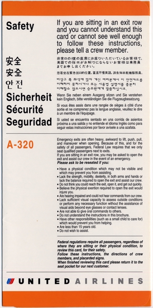 Image: safety information card: United Airlines, Airbus A320