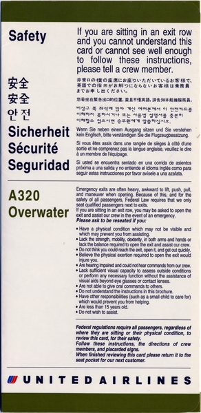 Image: safety information card: United Airlines, Airbus A320