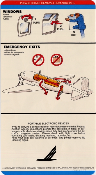 Image: safety information card: Piedmont Airlines, Douglas DC-3