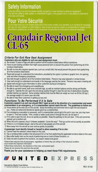 Image: safety information card: United Express, Canadair CL-65
