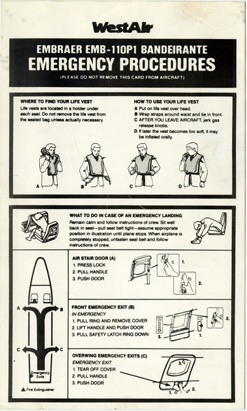 Image: safety information card: WestAir, Embraer EMB-110P1 Bandeirante