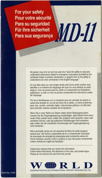 Image: safety information card: World Airways, McDonnell Douglas MD-11