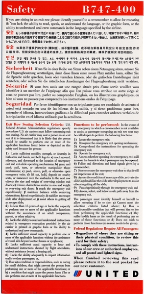 Image: safety information card: United Airlines, Boeing 747-400