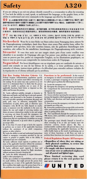 Image: safety information card: United Airlines, Airbus A320