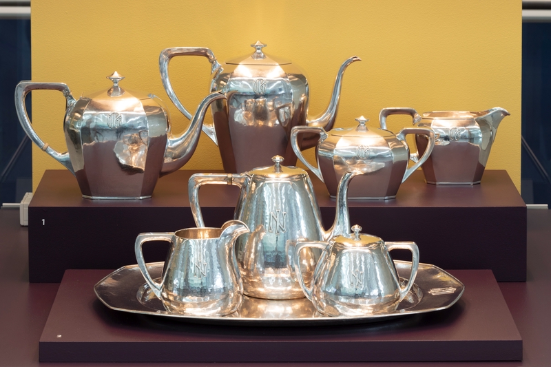 Image: Installation view of "A New Woman: Clara Barck Welles’ Influence on Arts and Crafts Silver"