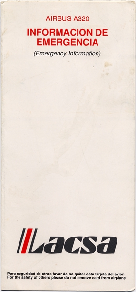 Image: safety information card: Lineas Aereas Costarricenses, S.A. (LACSA), Airbus A320