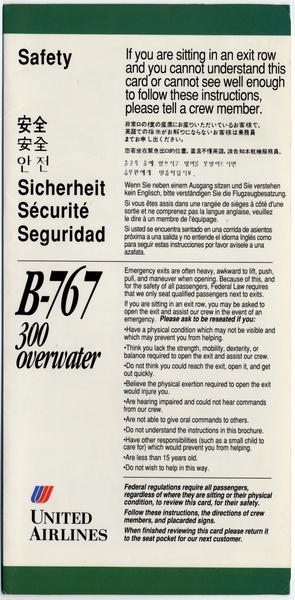 Image: safety information card: United Airlines, Boeing 767-300
