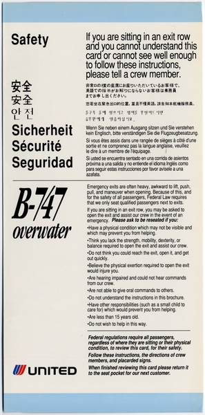 Image: safety information card: United Airlines, Boeing 747