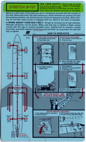 Image: safety information card: United Airlines, Stretch Boeing 727