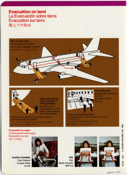 Image: safety information card: United Airlines, Boeing 737