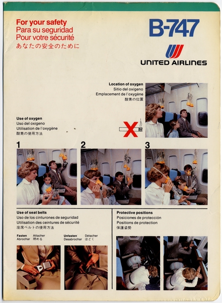 Image: safety information card: United Airlines, Boeing 747